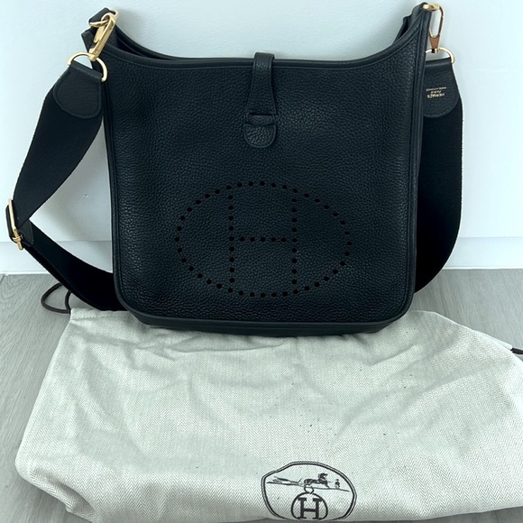 Hermes Handbags - Hermes Evelyne Black Leather Bag GM